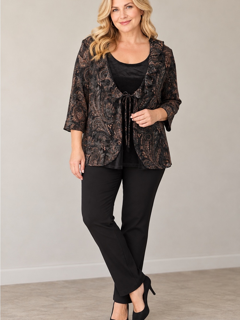 Notations Black and Bronze Paisley Open-Front Top
